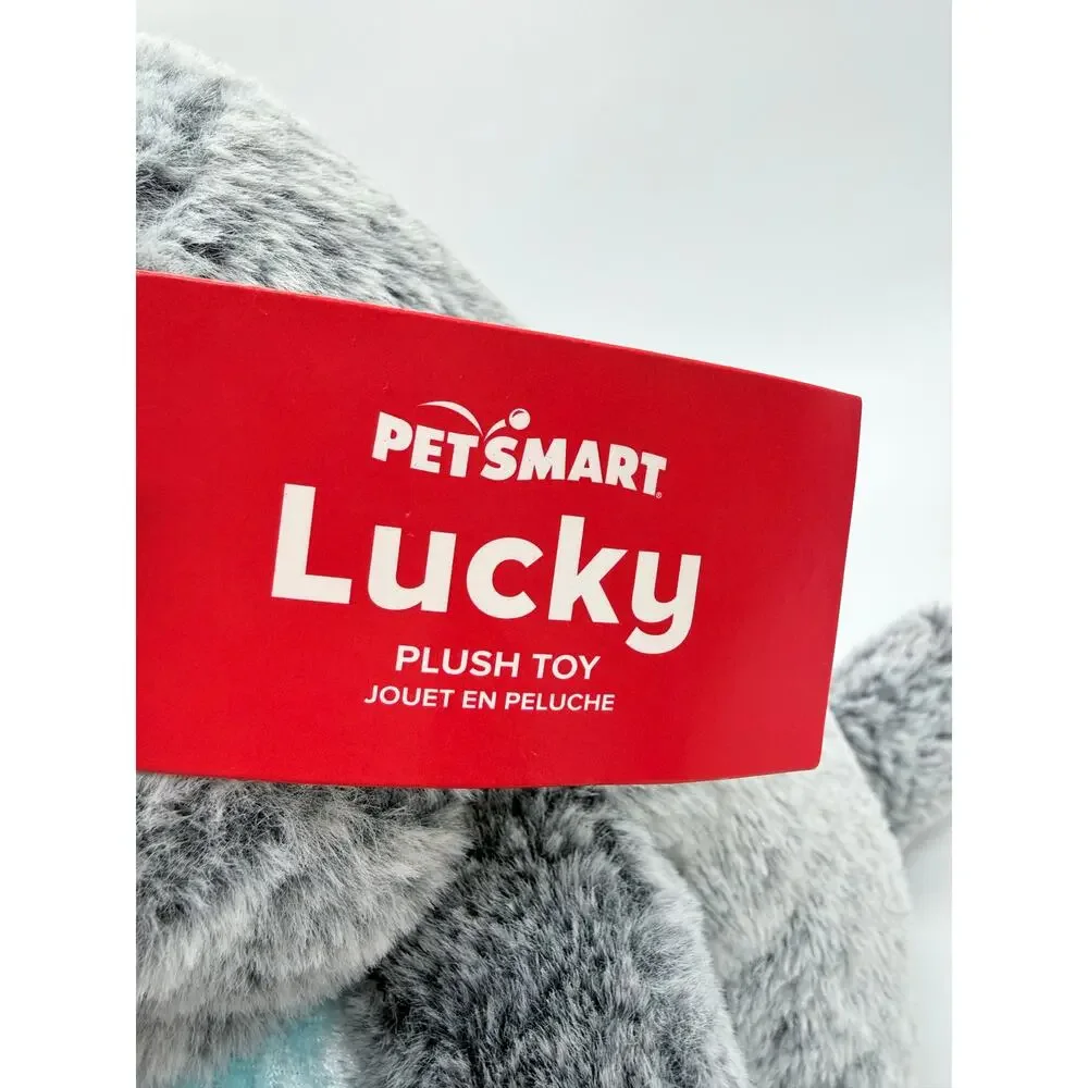Petsmart 2025 Lucky the Cat Grey & Blue Bow Squeaky Chew Dog Toy Plush 10.5